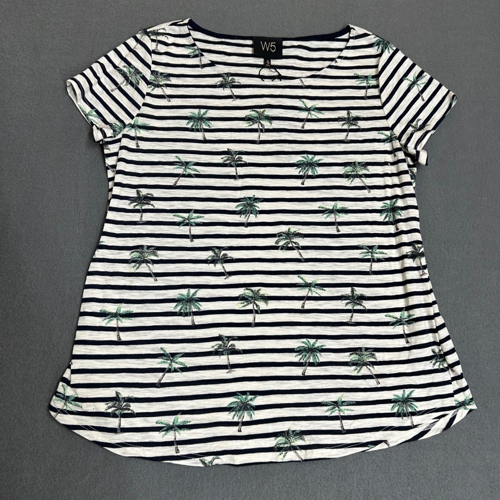 W5 T-Shirt Womens Medium White Striped Palm Tree Short Sleeve Scoop Neck Tee